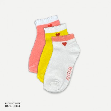 Kotoia 3 ankle heart cotton socks pink , yellow and white