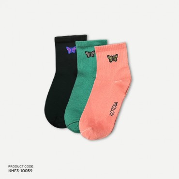 Kotoia 3 Half Butterfly Cotton Socks Coral Pink, Green and Black for Women